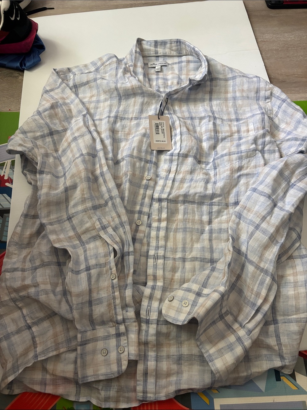 Peter Millar  Plaid Casual Button Shirt 100% Linen Seaside Style Size L